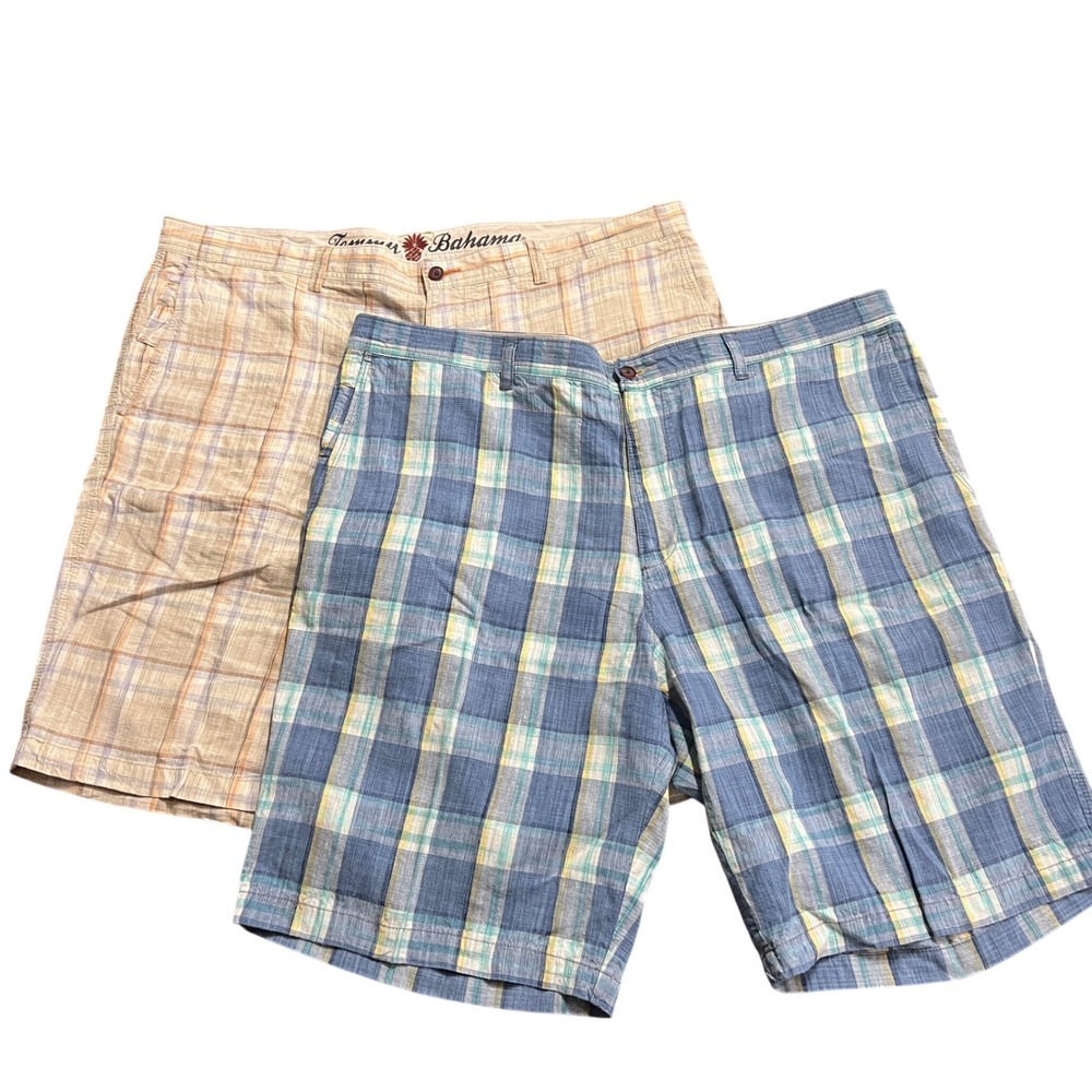 Tommy Bahama Plaid Shorts Mens Size 42 Linen Silk Blue Yellow Casual - Lot of‎ 2